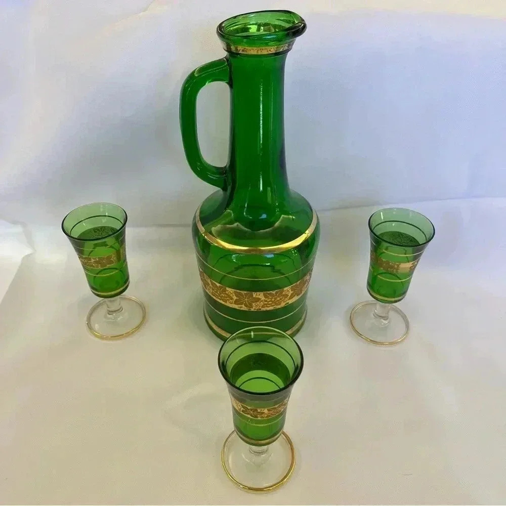 Vintage Green Glass Decanter and 3 Cups
